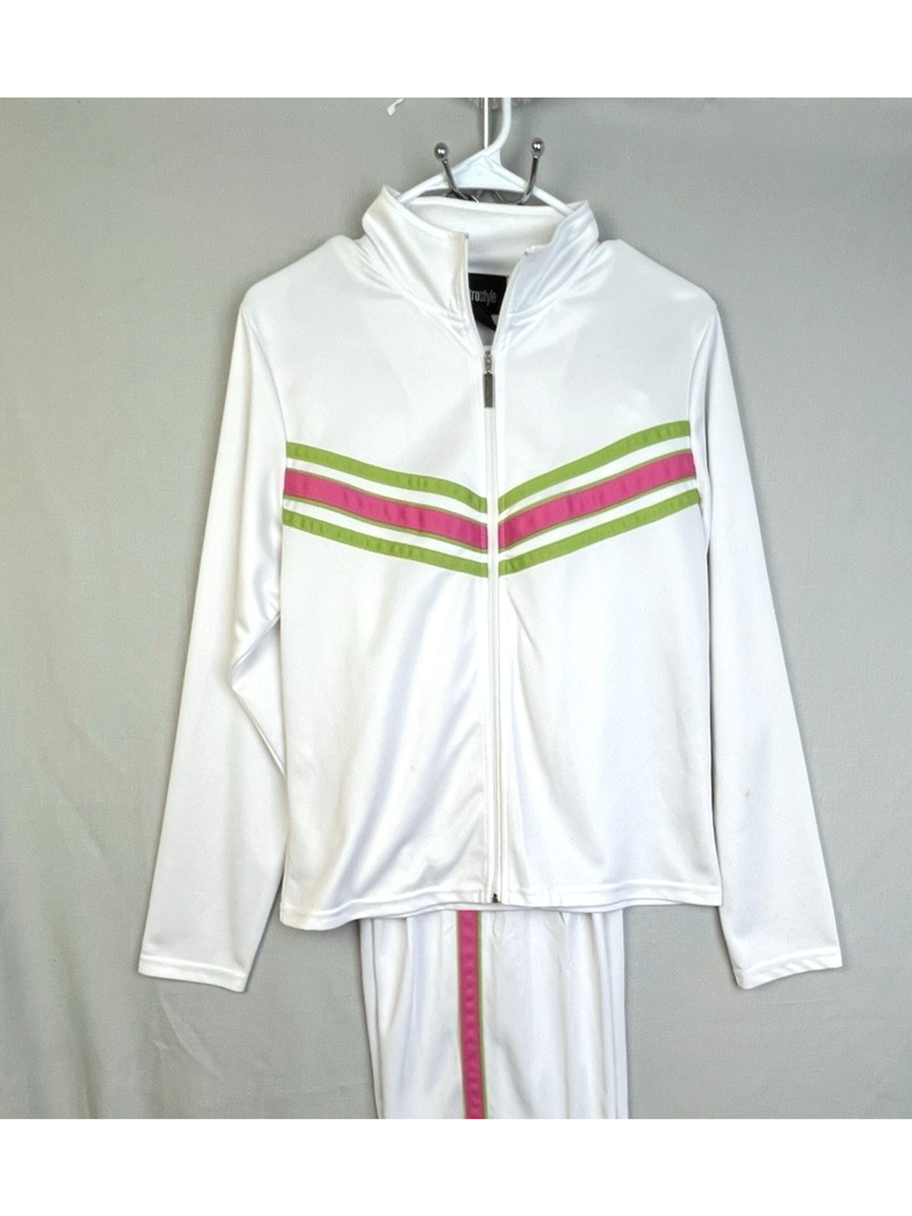 Metrostyle 2 Piece Tracksuit Women M White Pink Green Warmup Jogger Pull On Pant